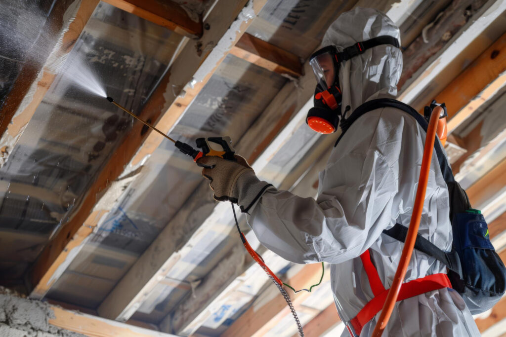 Technicien Desincal réalisant un traitement préventif contre les termites sur une charpente en bois