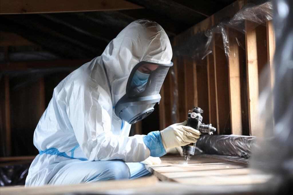 Technicien Desincal appliquant un traitement curatif contre les insectes xylophages sur une charpente en bois