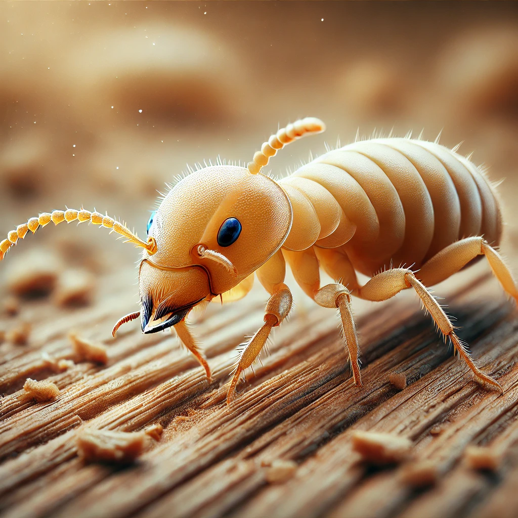 Termite en train de ronger une surface en bois, montrant les dommages causés par cet insecte nuisible.